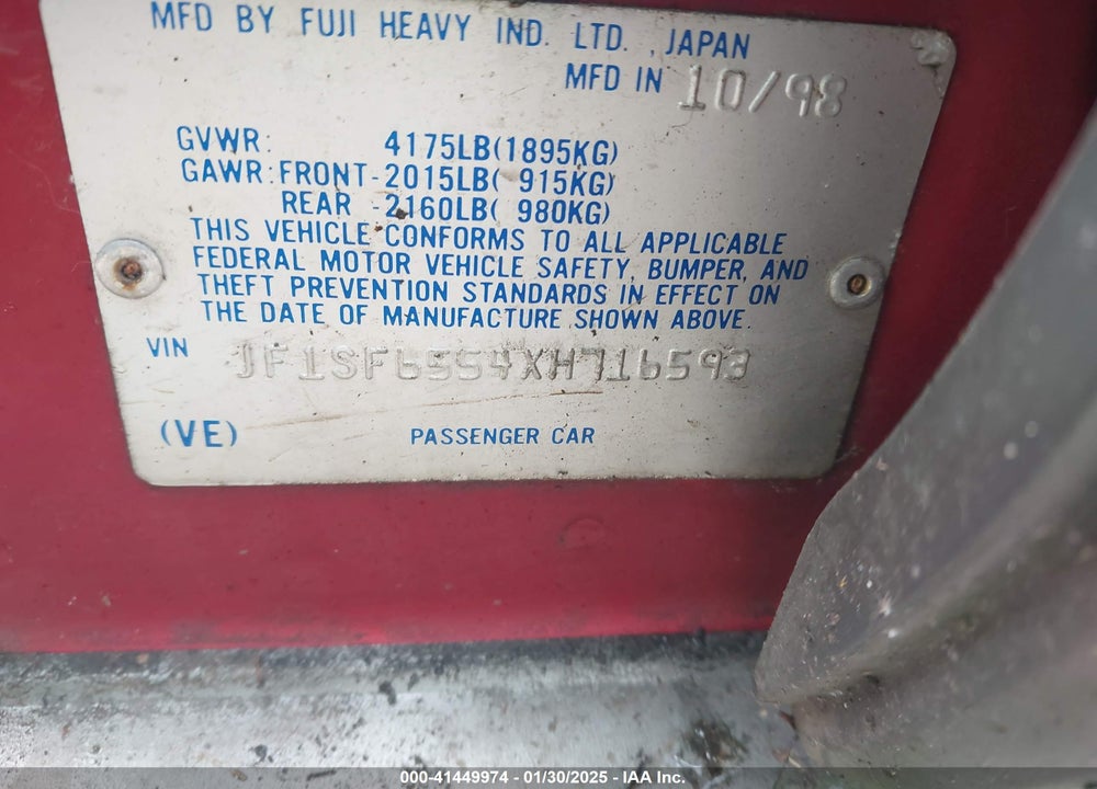 1999 SUBARU FORESTER S VIN: JF1SF6554XH716593