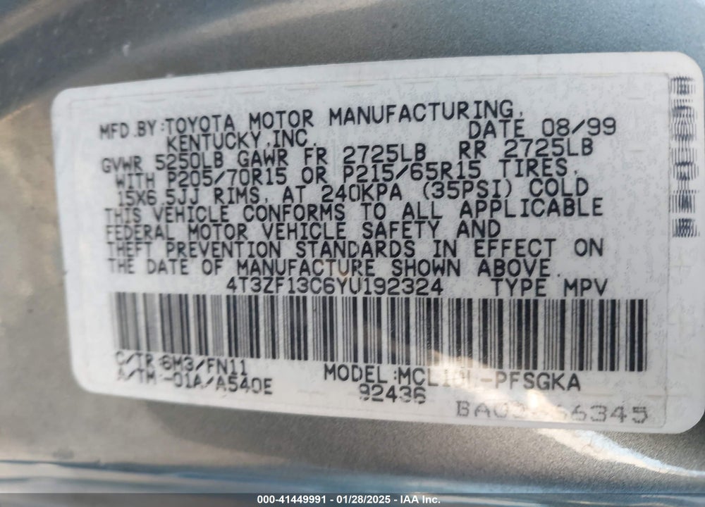 2000 TOYOTA SIENNA LE VIN: 4T3ZF13C6YU192324