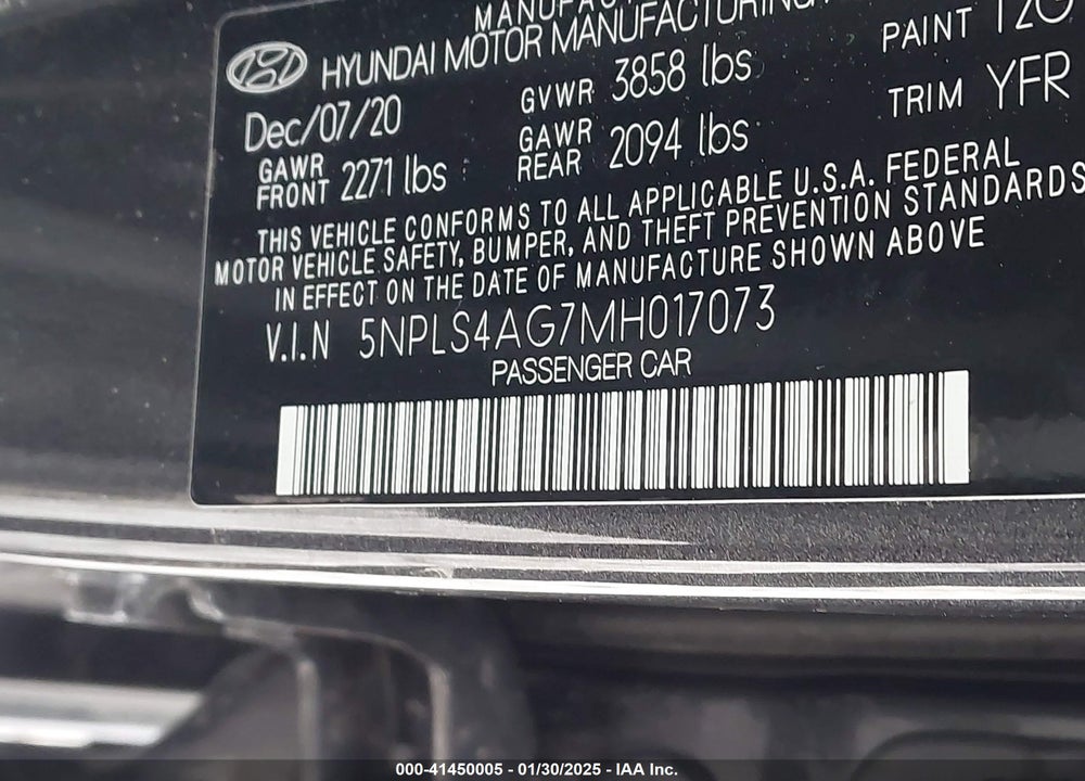 2021 HYUNDAI ELANTRA VIN: 5NPLS4AG7MH017073