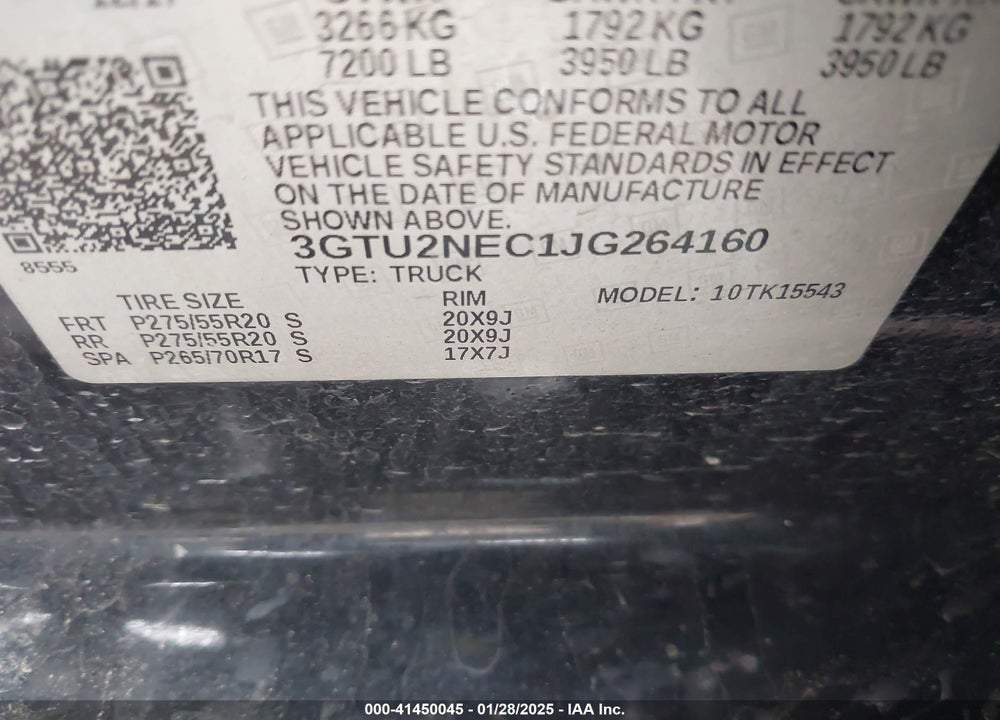2018 GMC SIERRA 1500 VIN: 3GTU2NEC1JG264160