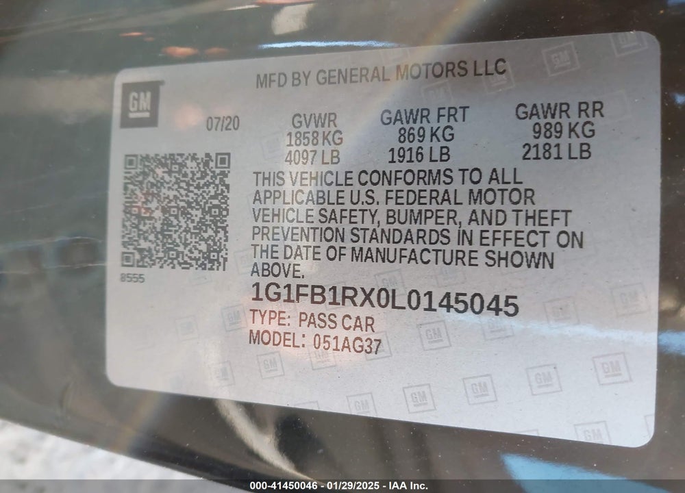 2020 CHEVROLET CAMARO VIN: 1G1FB1RX0L0145045
