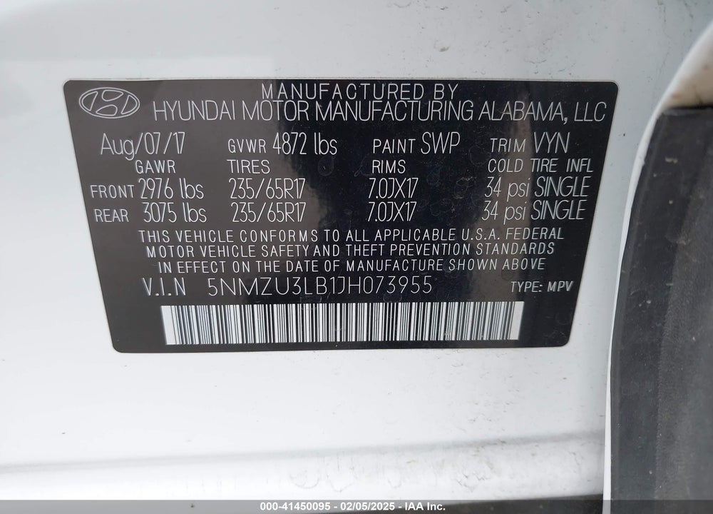 2018 HYUNDAI SANTA FE SPORT 2.4L VIN: 5NMZU3LB1JH073955