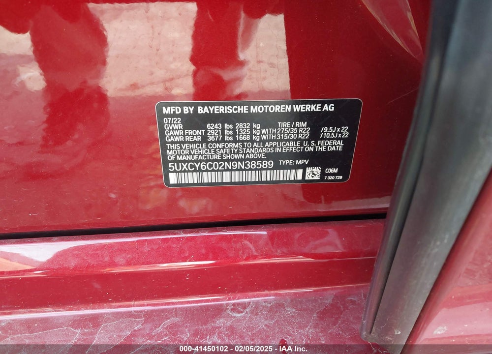 2022 BMW X6 VIN: 5UXCY6C02N9N38589