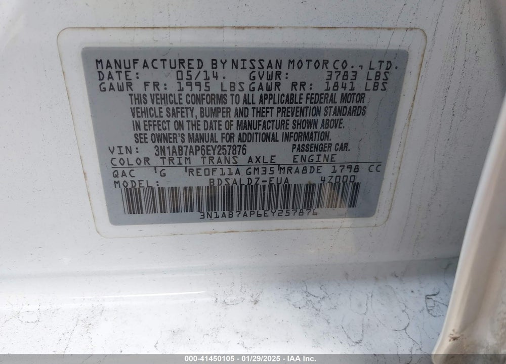 2014 NISSAN SENTRA VIN: 3N1AB7AP6EY257876