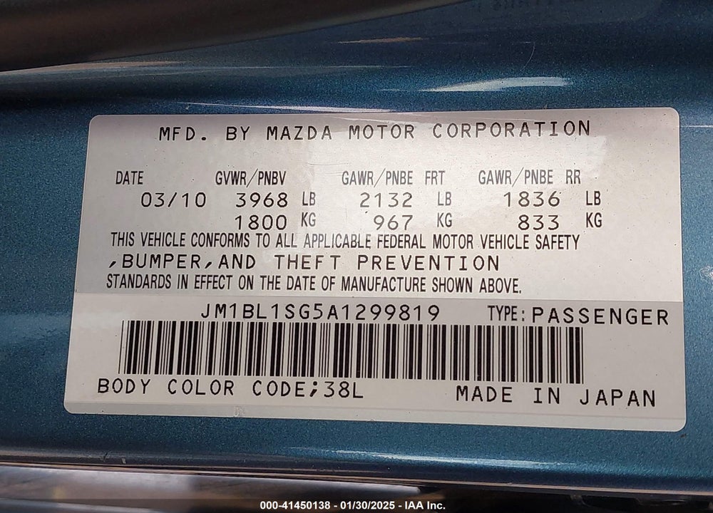 2010 MAZDA 3 VIN: JM1BL1SG5A1299819