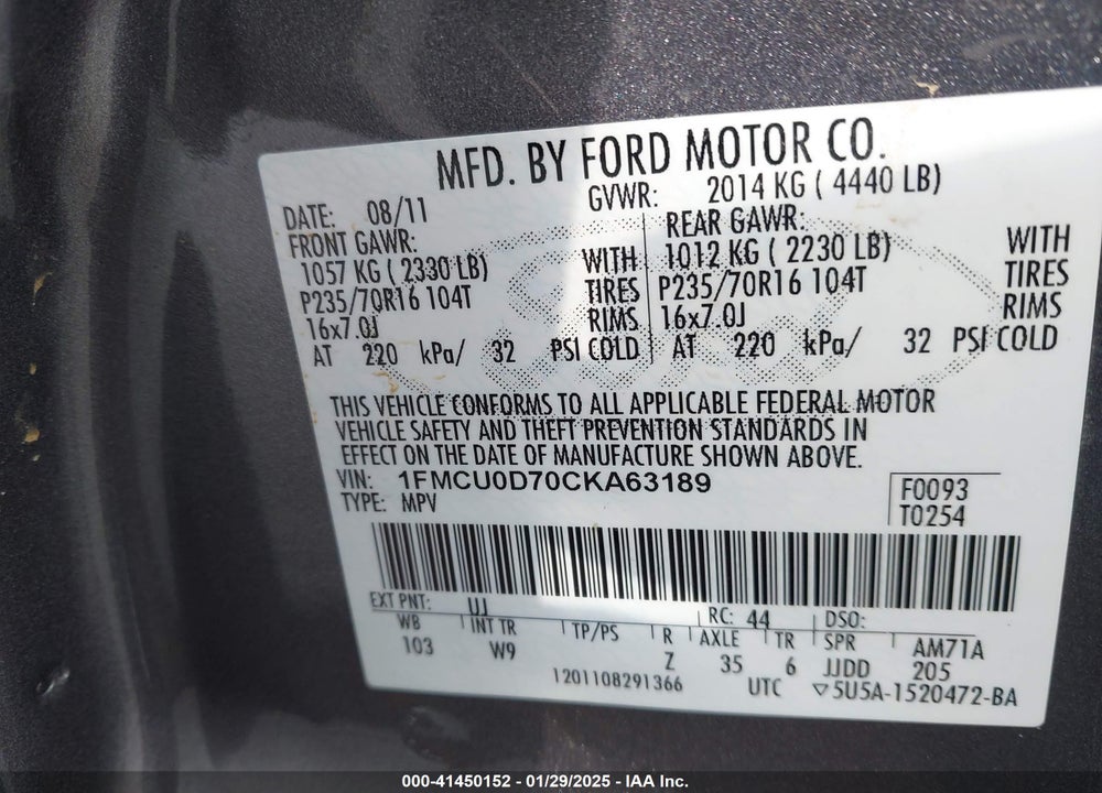 2012 FORD ESCAPE XLT VIN: 1FMCU0D70CKA63189