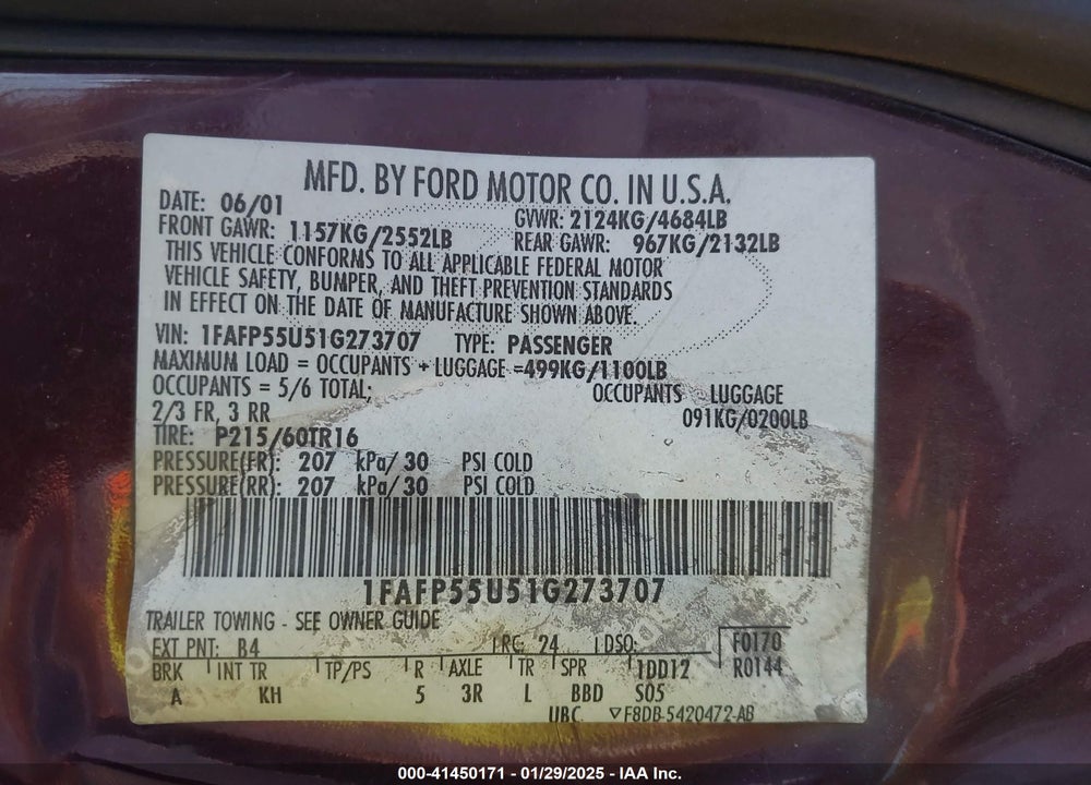 2001 FORD TAURUS SES VIN: 1FAFP55U51G273707