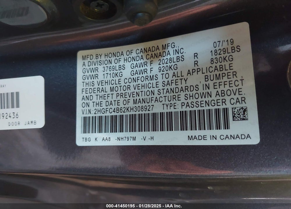 2019 HONDA CIVIC VIN: 2HGFC4B62KH308927