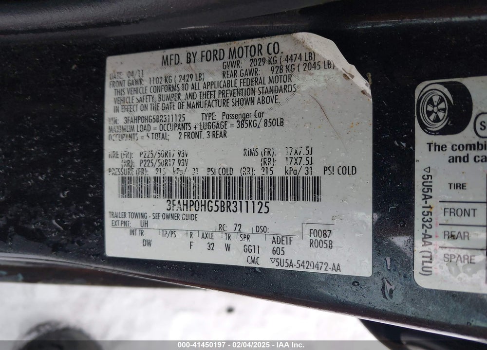 2011 FORD FUSION VIN: 3FAHP0HG5BR311125