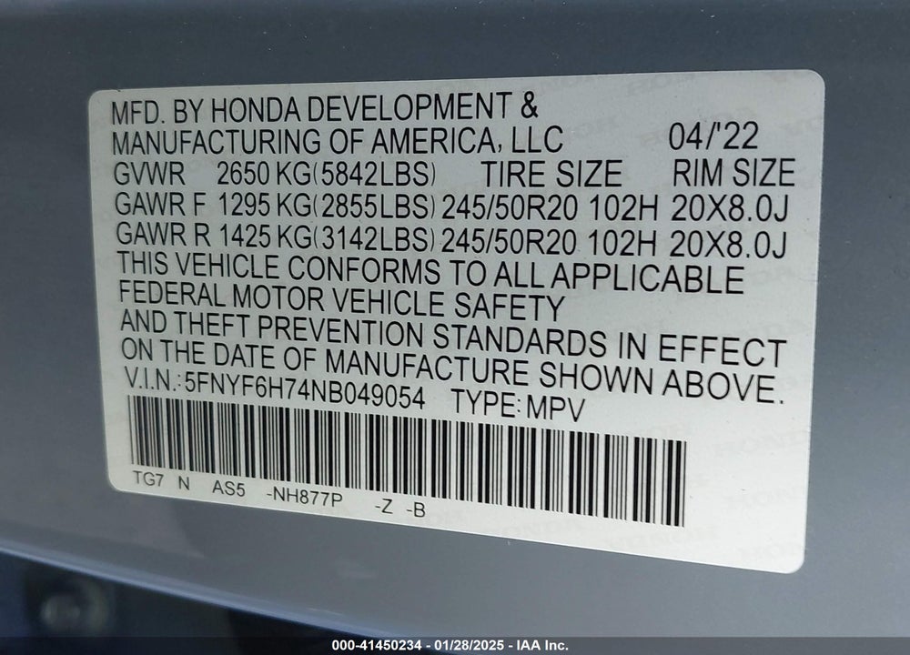 2022 HONDA PILOT AWD BLACK EDITION VIN: 5FNYF6H74NB049054