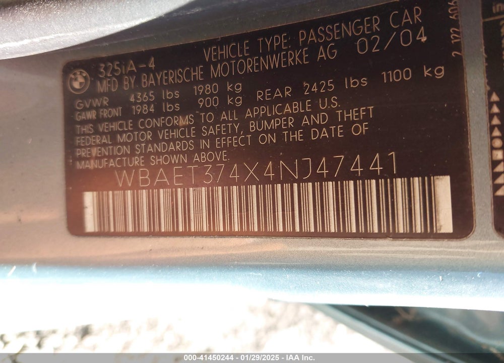 2004 BMW 325I VIN: WBAET374X4NJ47441