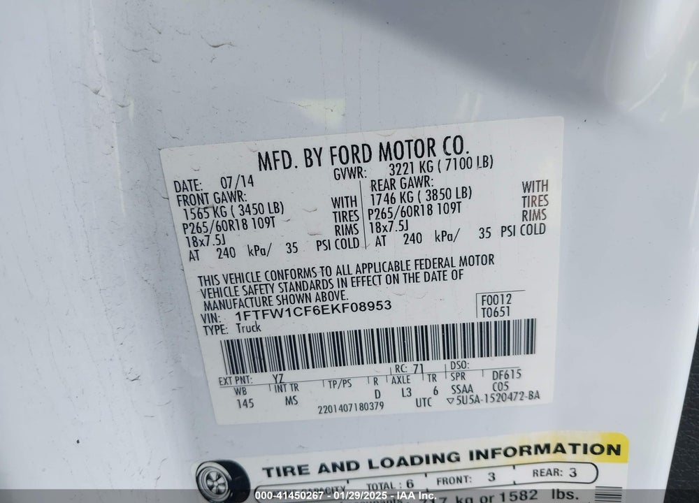 2014 FORD F150 VIN: 1FTFW1CF6EKF08953