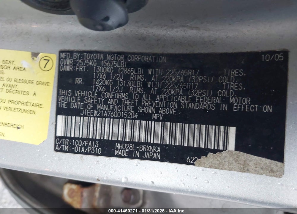 2006 TOYOTA HIGHLANDER HYBRID V6 VIN: JTEEW21A760015204