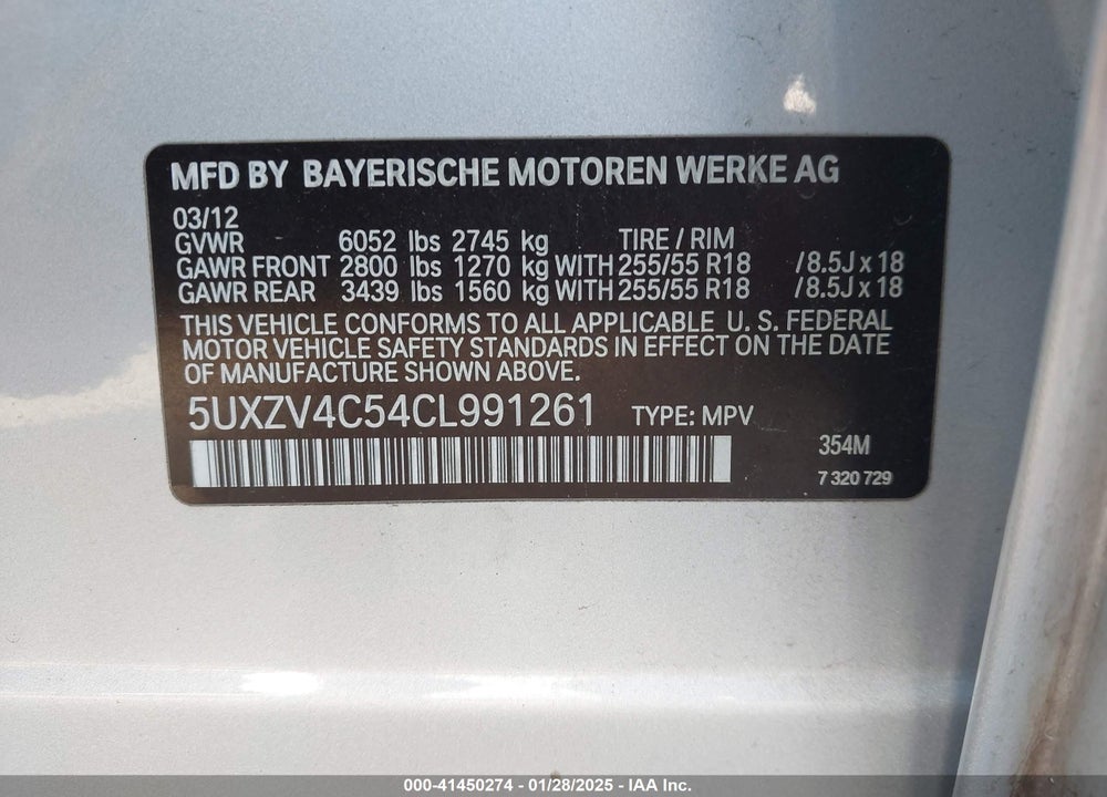 2012 BMW X5 XDRIVE35I/XDRIVE35I PREMIUM/XDRIVE35I SPORT ACTIVITY VIN: 5UXZV4C54CL991261