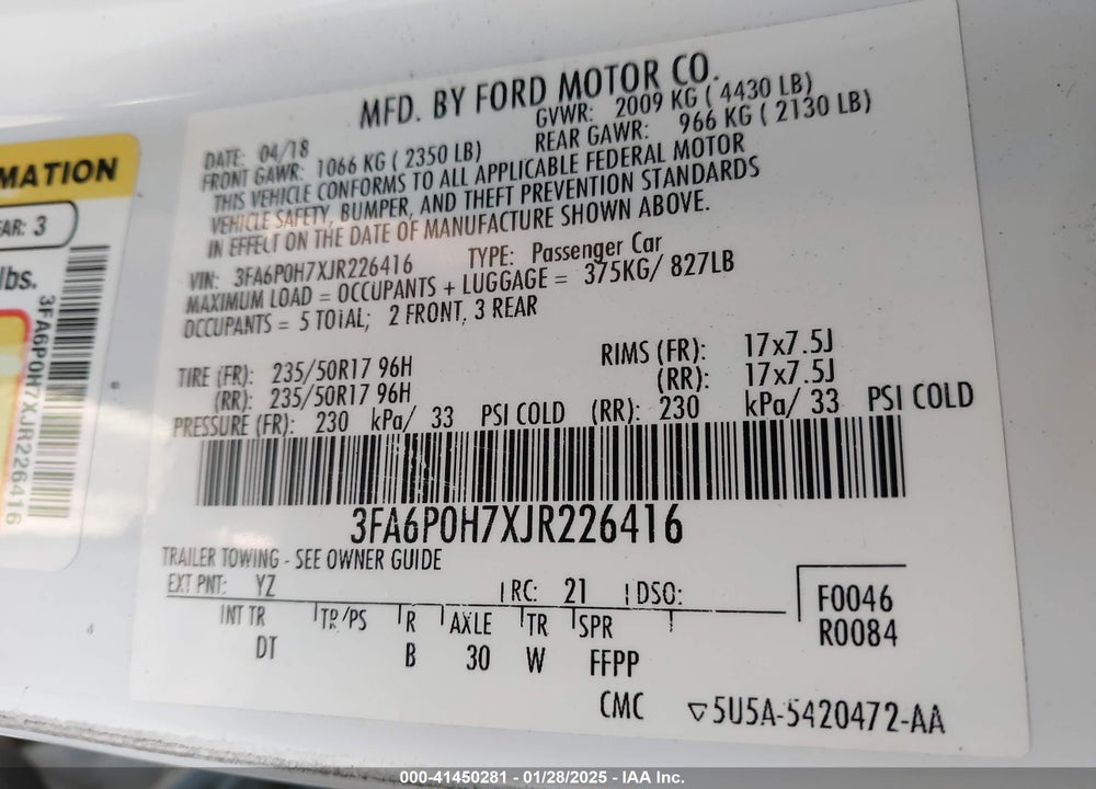 2018 FORD FUSION VIN: 3FA6P0H7XJR226416