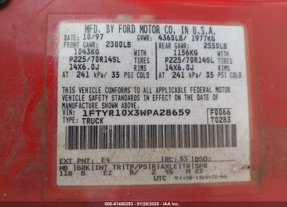 1998 RANGER FORD  SPLASH/XL/XLT VIN: 1FTYR10X3WPA28659