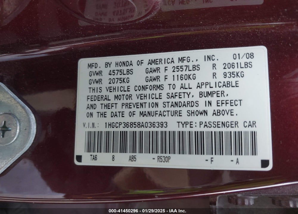 2008 HONDA ACCORD 3.5 EX-L VIN: 1HGCP36858A036393