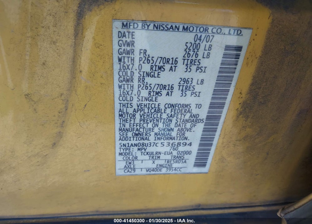 2007 NISSAN XTERRA S VIN: 5N1AN08U37C536894