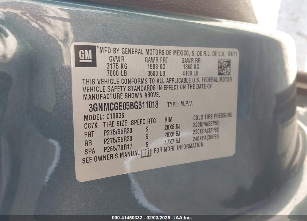 2011 CHEVROLET AVALANCHE 1500 LTZ VIN: 3GNMCGE05BG311018