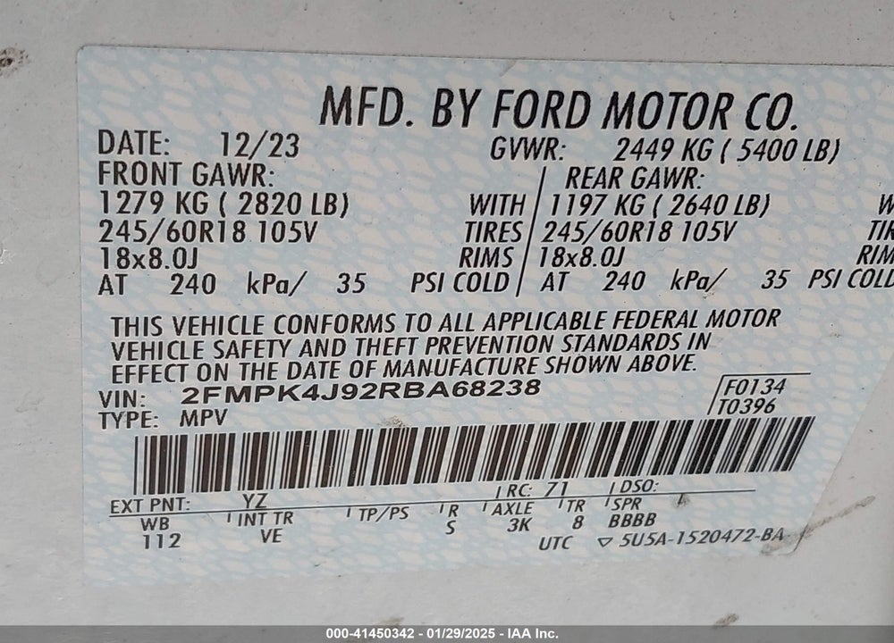 2024 FORD EDGE SEL VIN: 2FMPK4J92RBA68238