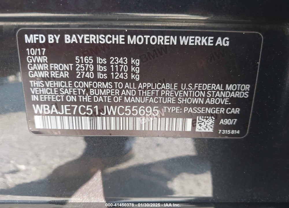 2018 BMW 540I XDRIVE VIN: WBAJE7C51JWC55695
