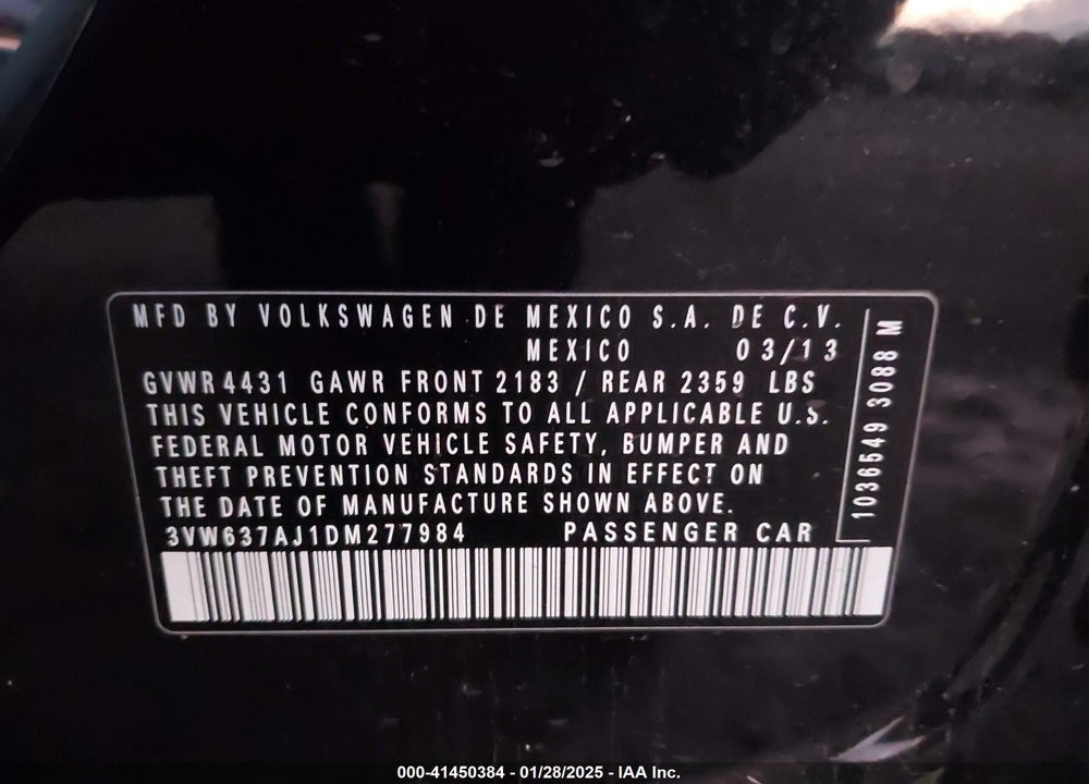 2013 VOLKSWAGEN JETTA VIN: 3VW637AJ1DM277984