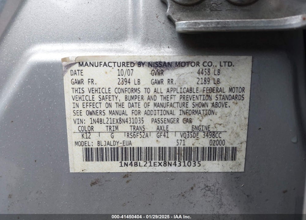 2008 NISSAN ALTIMA VIN: 1N4BL21EX8N431035