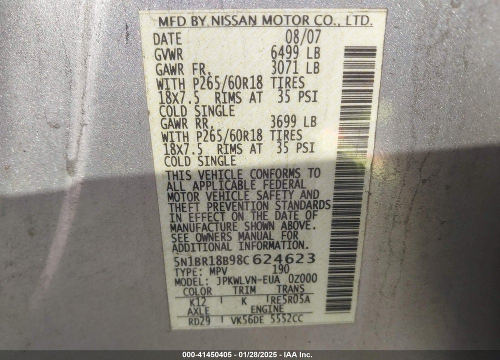 2008 NISSAN PATHFINDER LE V8 VIN: 5N1BR18B98C624623