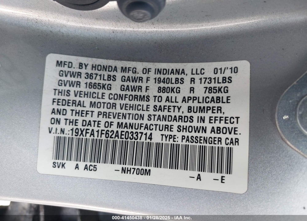 2010 HONDA CIVIC VIN: 19XFA1F62AE033714