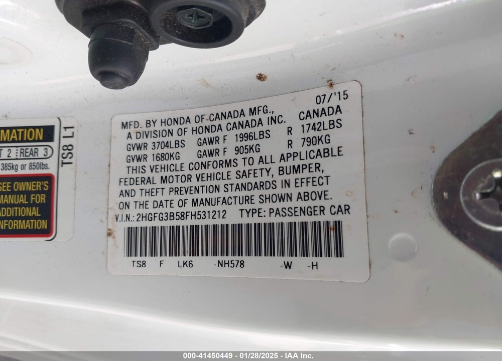 2015 HONDA CIVIC VIN: 2HGFG3B58FH531212