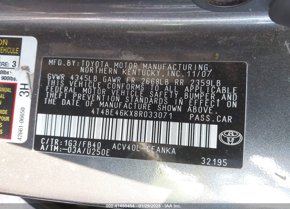 2008 TOYOTA CAMRY VIN: 4T4BE46KX8R033071