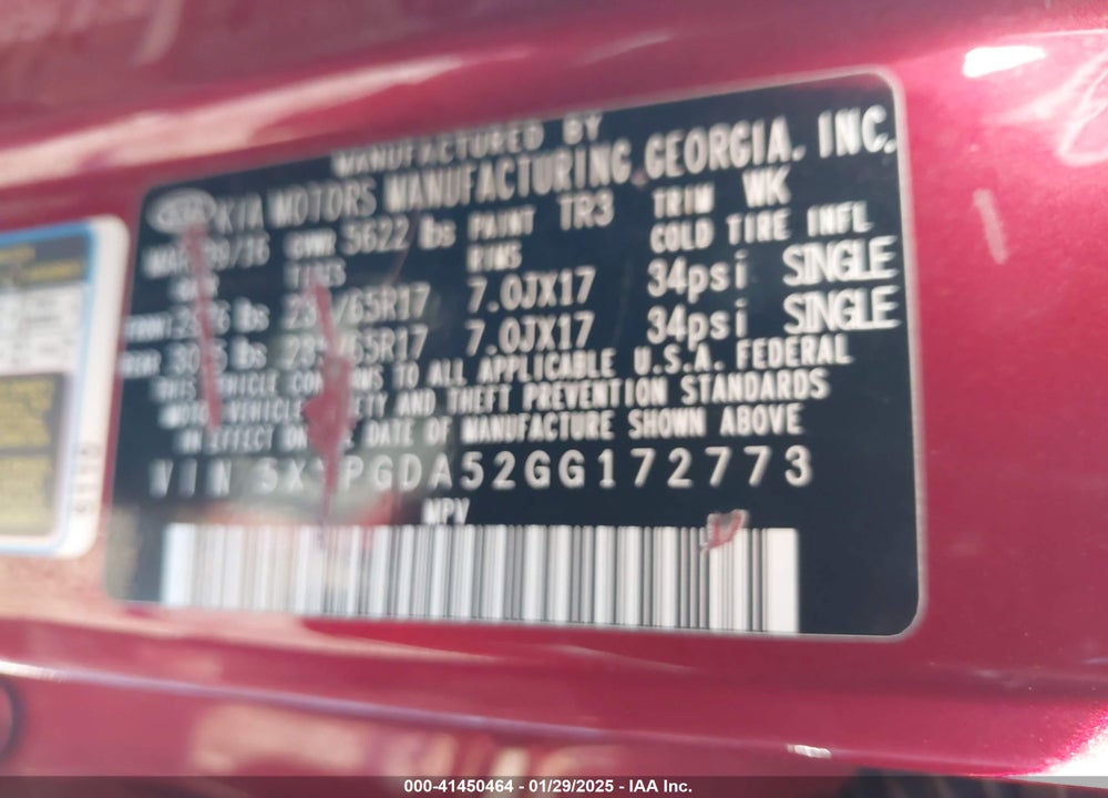 2016 KIA SORENTO 3.3L LX VIN: 5XYPGDA52GG172773