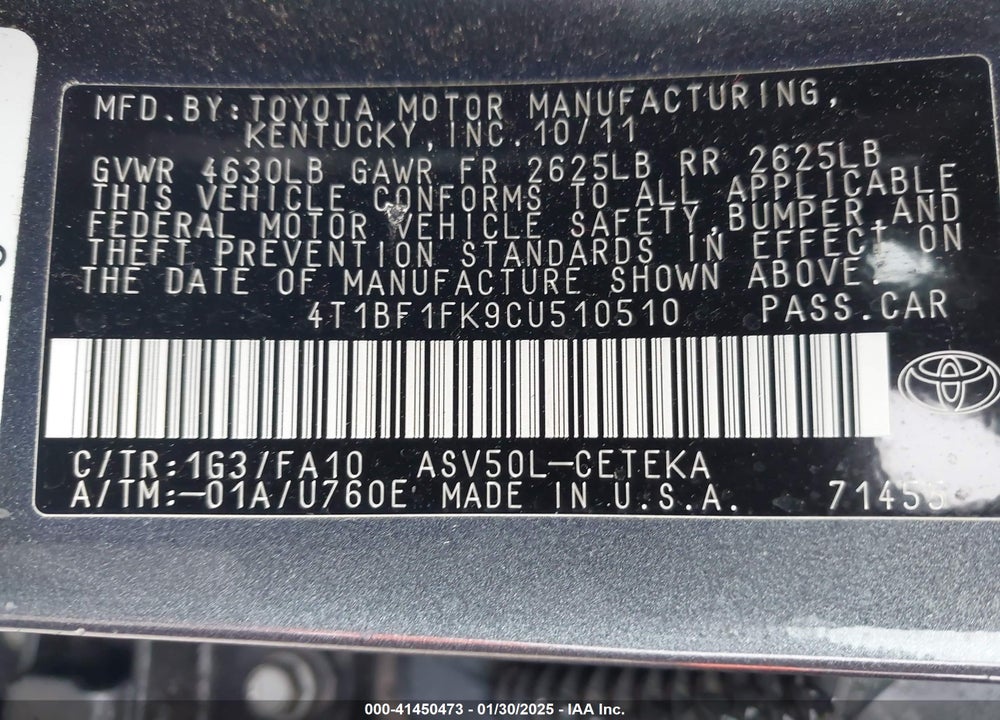2012 TOYOTA CAMRY VIN: 4T1BF1FK9CU510510
