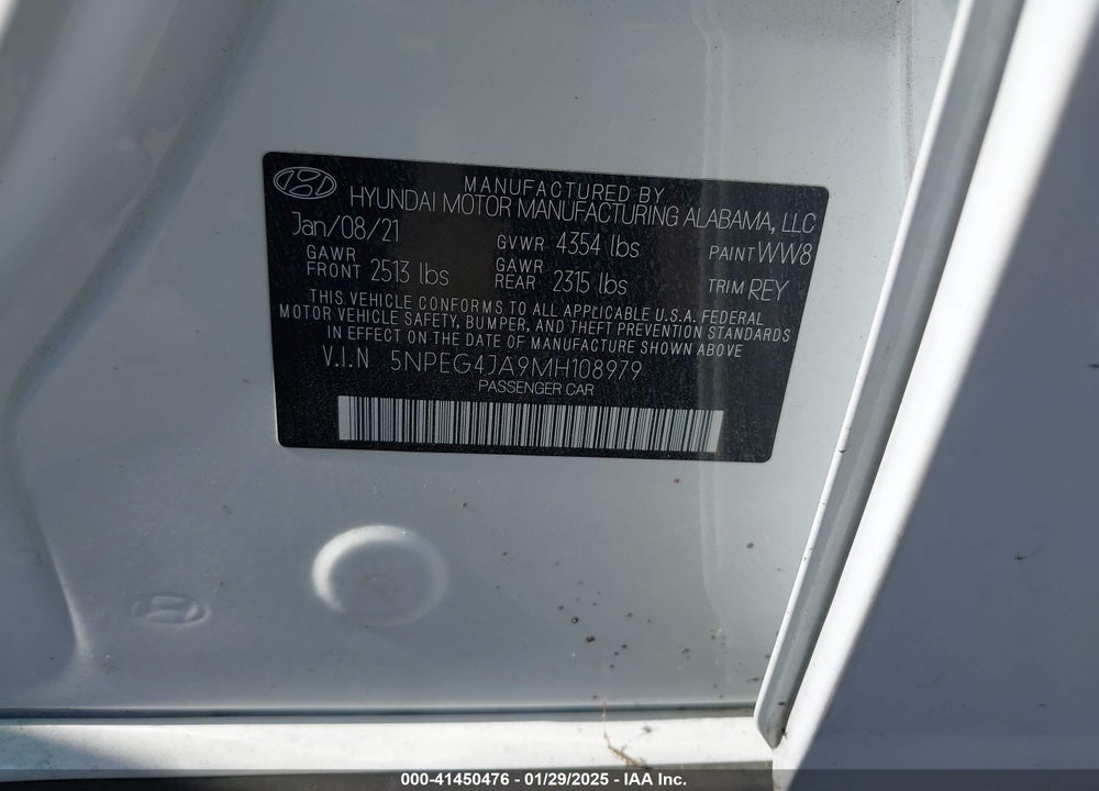 2021 HYUNDAI SONATA VIN: 5NPEG4JA9MH108979
