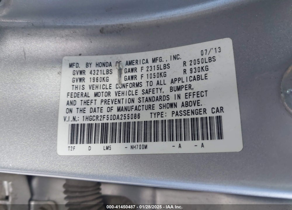 2013 HONDA ACCORD VIN: 1HGCR2F50DA255086