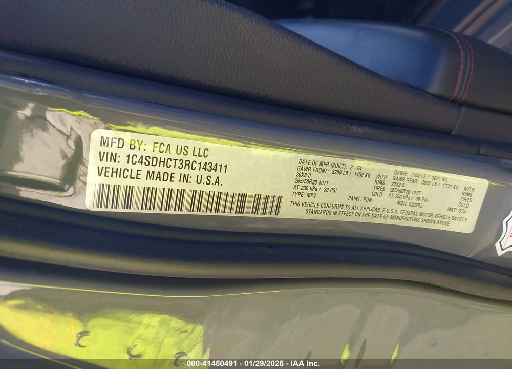 2024 DODGE DURANGO R/T RWD VIN: 1C4SDHCT3RC143411