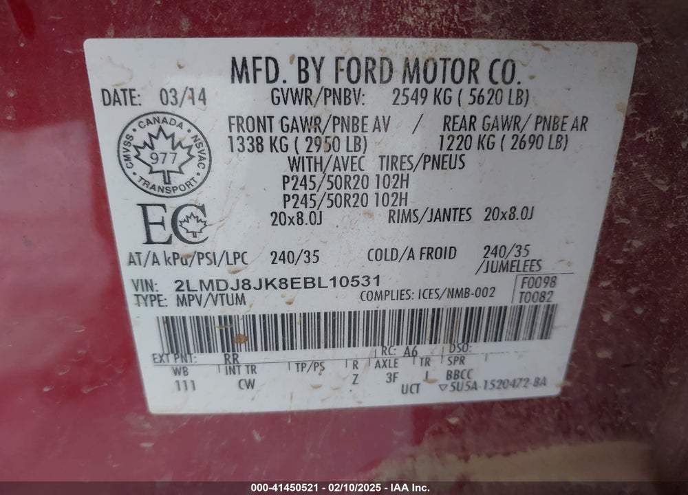 2014 LINCOLN MKX VIN: 2LMDJ8JK8EBL10531
