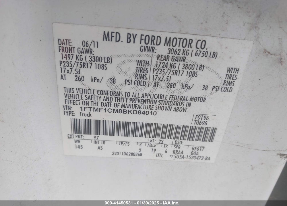 2011 FORD F-150 VIN: 1FTMF1CM8BKD84010