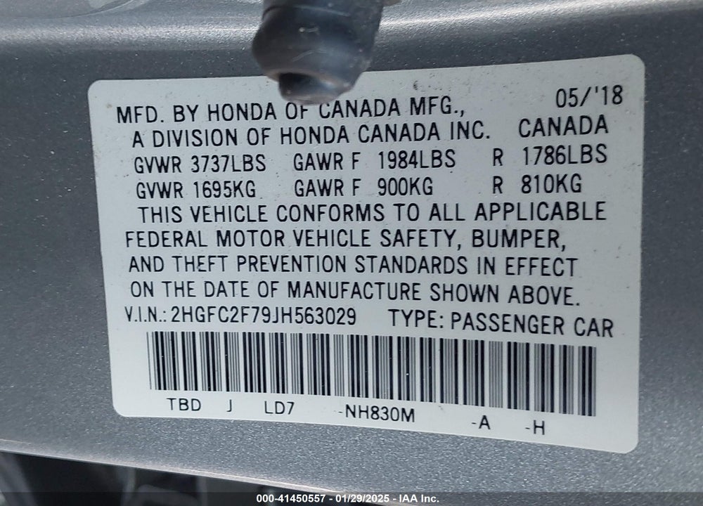 2018 HONDA CIVIC VIN: 2HGFC2F79JH563029