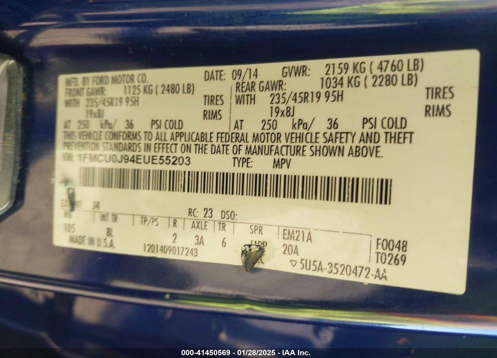 2014 FORD ESCAPE TITANIUM VIN: 1FMCU0J94EUE55203
