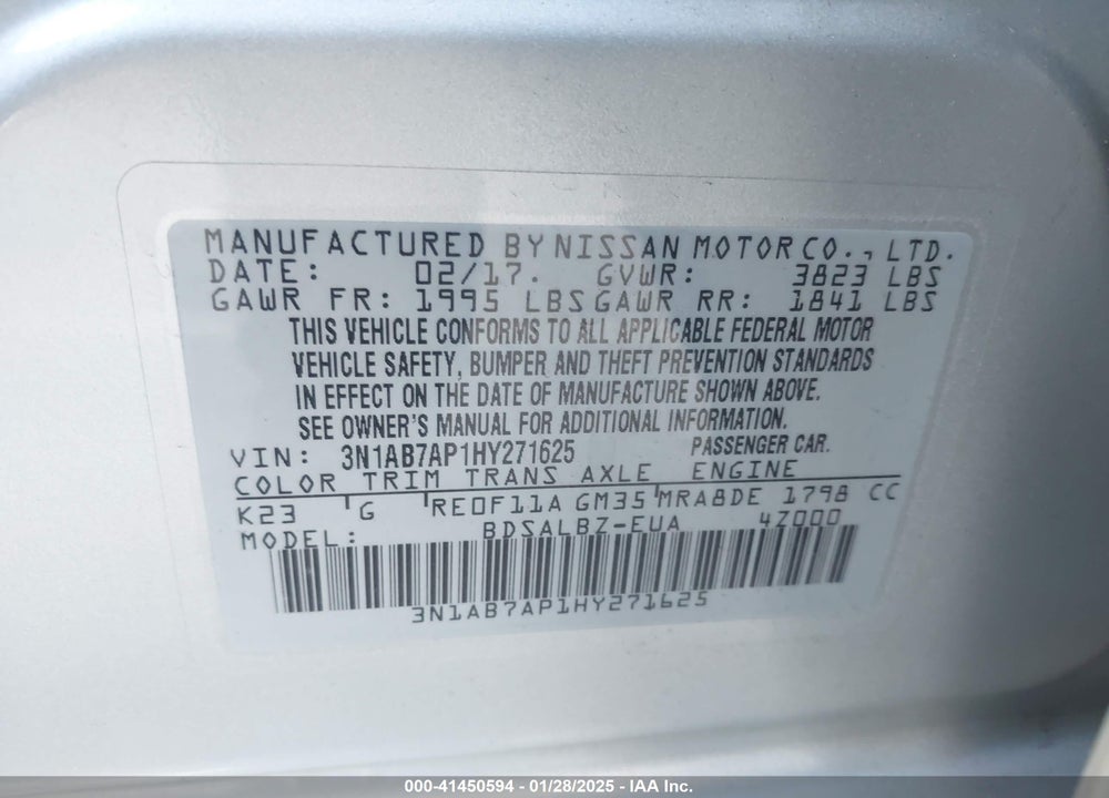 2017 NISSAN SENTRA VIN: 3N1AB7AP1HY271625