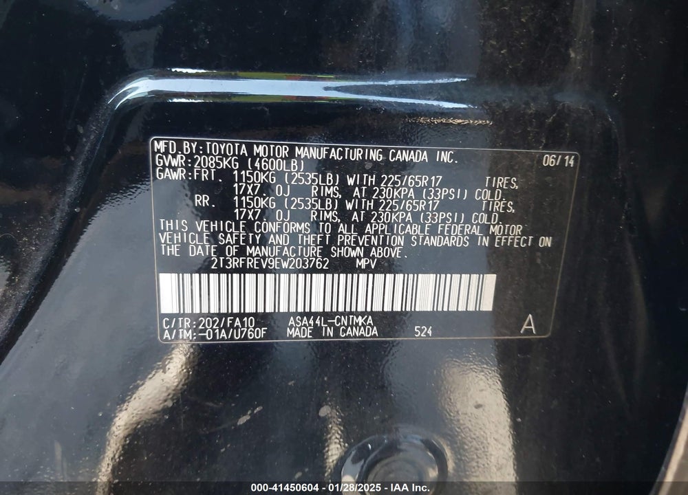 2014 TOYOTA RAV4 XLE VIN: 2T3RFREV9EW203762
