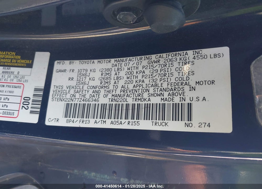 2007 TOYOTA TACOMA VIN: 5TENX22N77Z466346