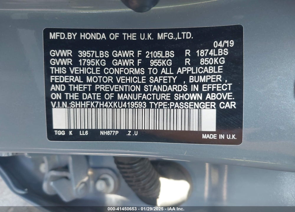 2019 HONDA CIVIC VIN: SHHFK7H4XKU419593