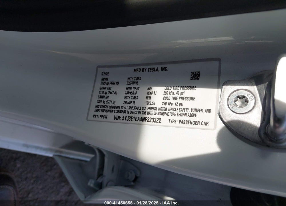 2022 TESLA MODEL 3 REAR-WHEEL DRIVE VIN: 5YJ3E1EA4NF323322
