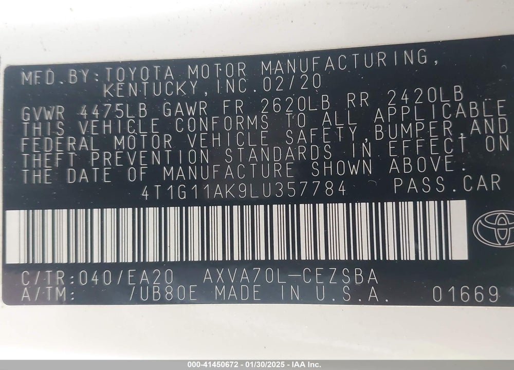 2020 TOYOTA CAMRY SE VIN: 4T1G11AK9LU357784