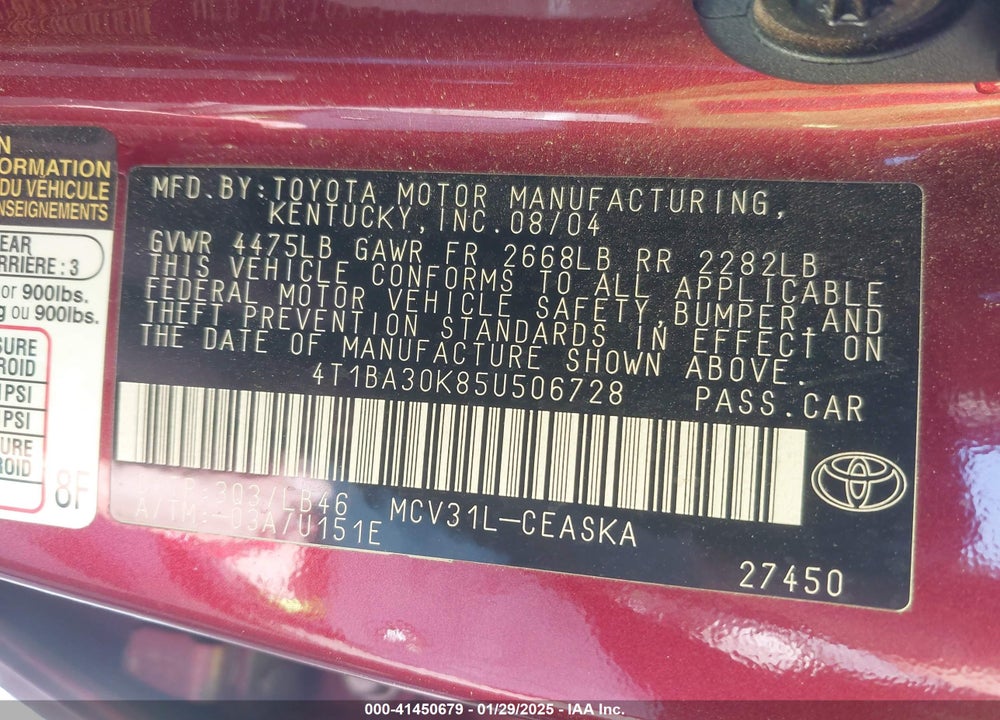 2005 TOYOTA CAMRY SE V6 VIN: 4T1BA30K85U506728
