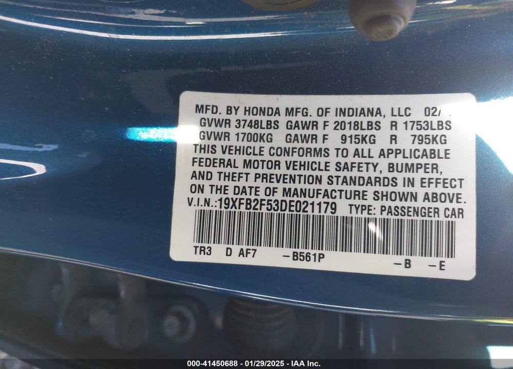 2013 HONDA CIVIC LX VIN: 19XFB2F53DE021179