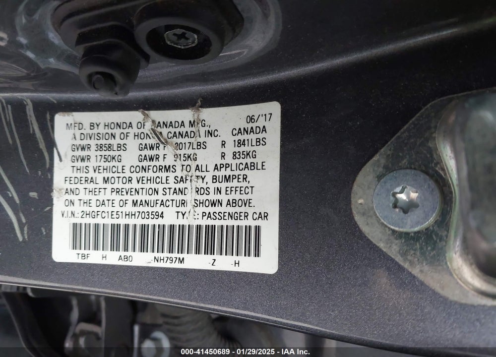 2017 HONDA CIVIC VIN: 2HGFC1E51HH703594