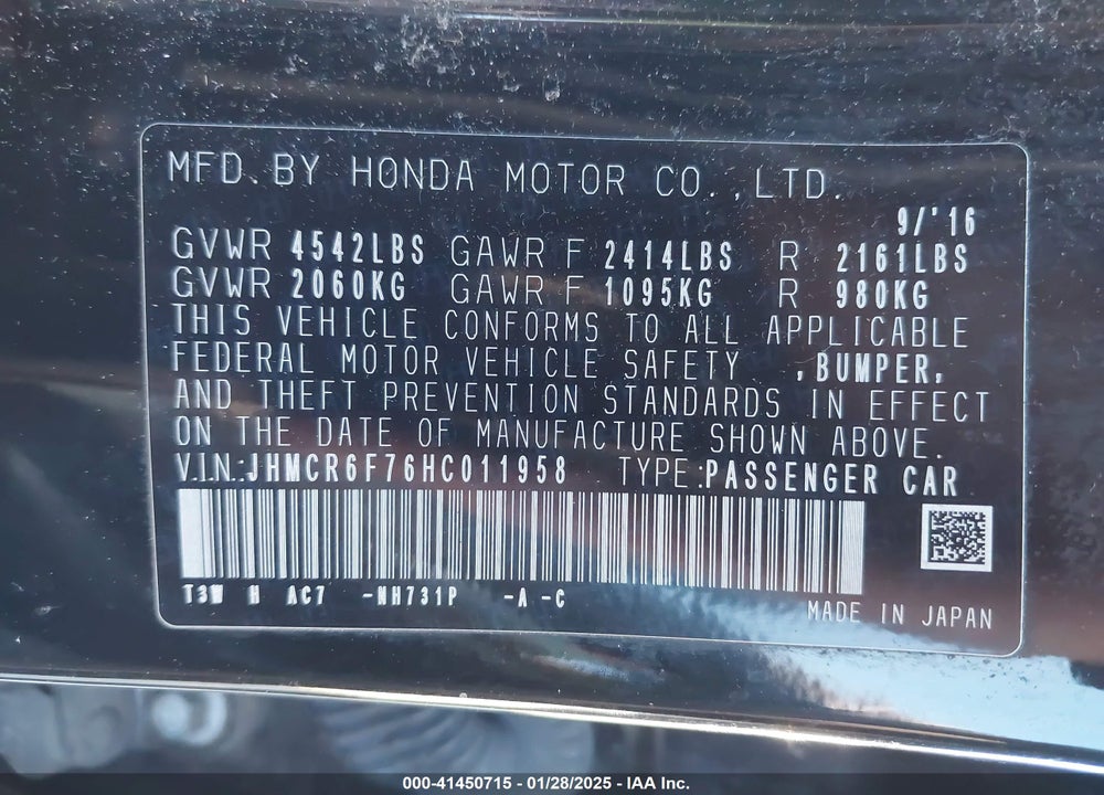 2017 HONDA ACCORD HYBRID TOURING VIN: JHMCR6F76HC011958